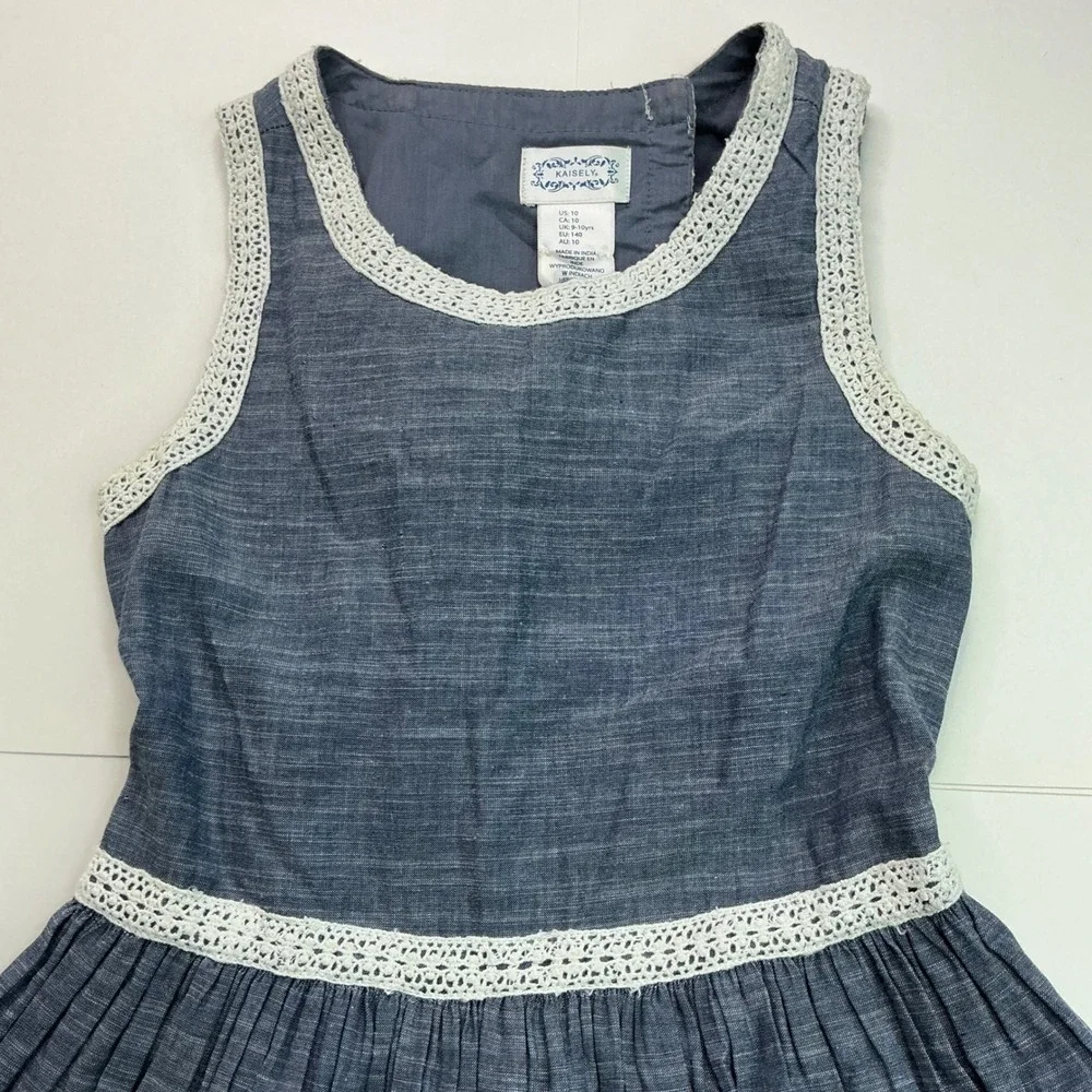 Kaisely Blue Chambray Lace Trim Open Back Dress Kids Size 10 Cottagecore Boho